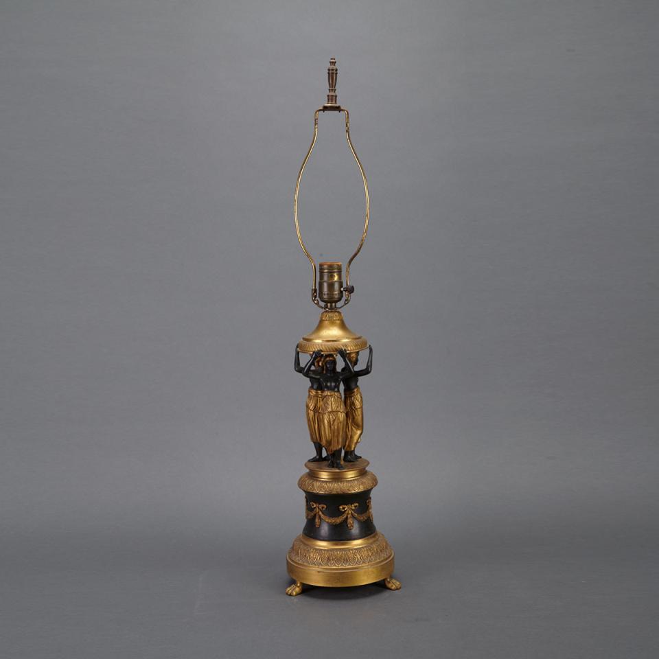 French Empire Style Gilt and Patinated Bronze Figural Table Lamp, mid 20th century