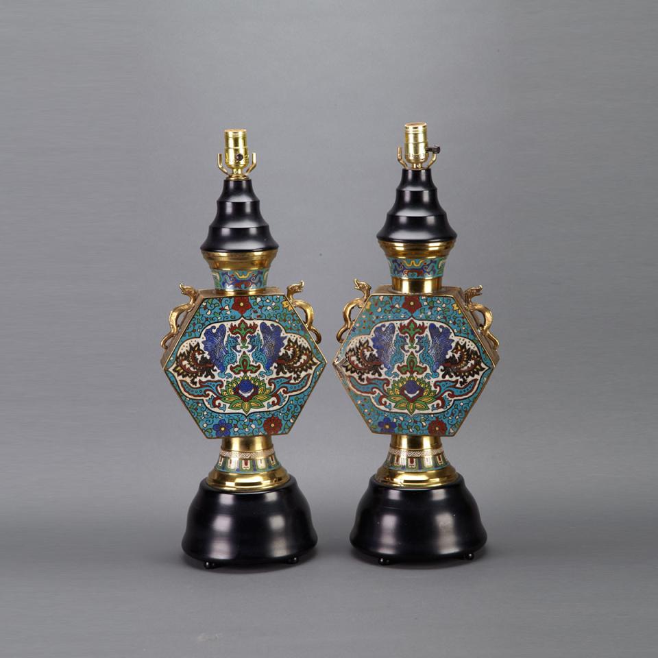 Pair of Chinese Champleve Enamelled Bronze Pilgrim Flasks, early 20th century