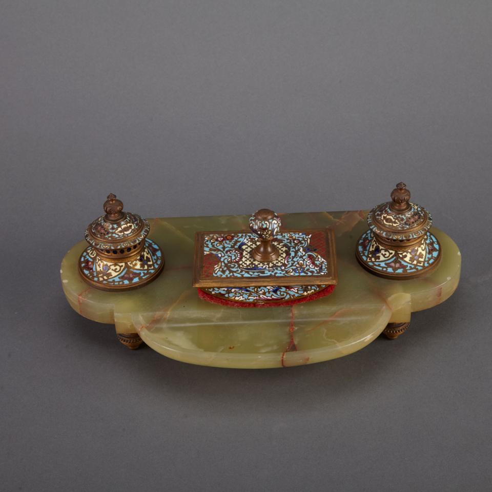 French Champlevé Enameled Gilt Bronze and Onyx Inkstand with Blotter c.1900
