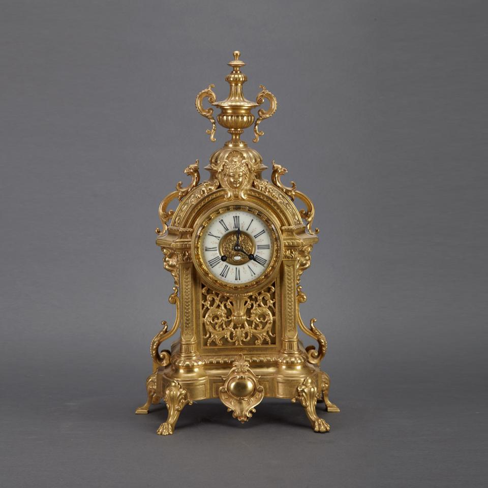 French Gilt Bronze Renaissance Style Mantel Clock, c.1900 