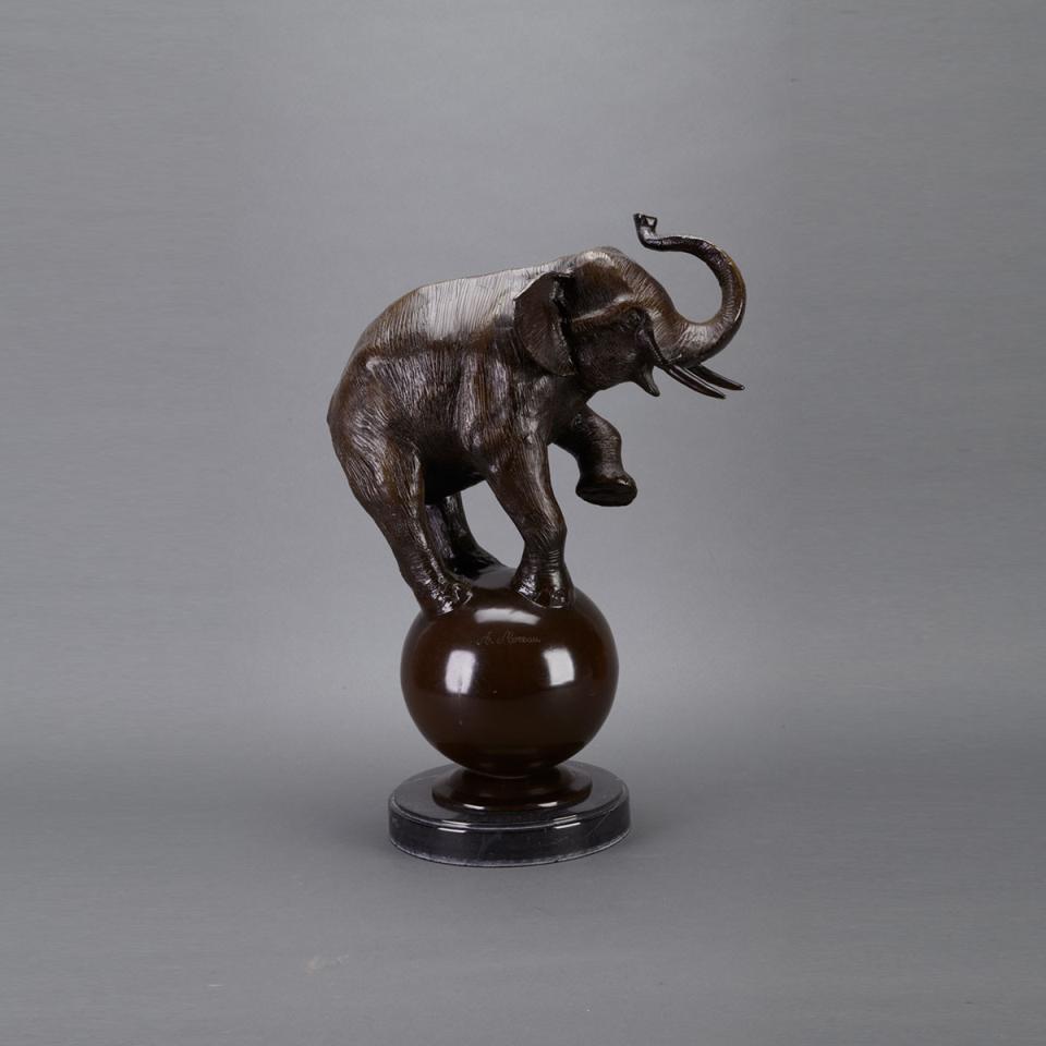Patinated Bronze Model of a Circus Elephant Balancing on a Ball, 20th century