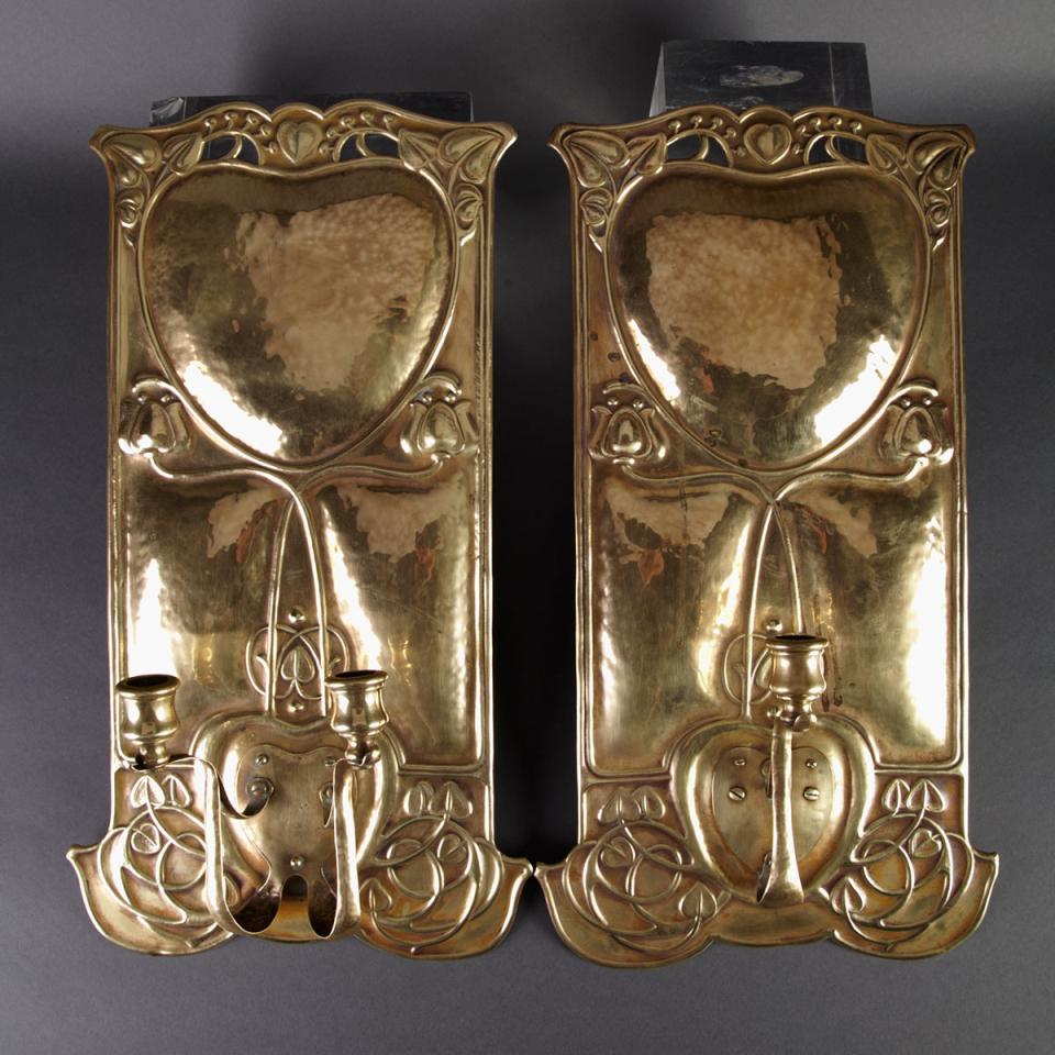 Near Pair of Art Nouveau Brass Wall Sconces, late 19th century