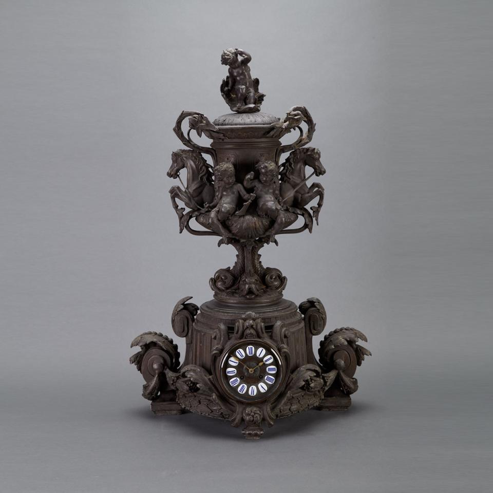 Large and Impressive French White Metal Mantel Clock, c.1880