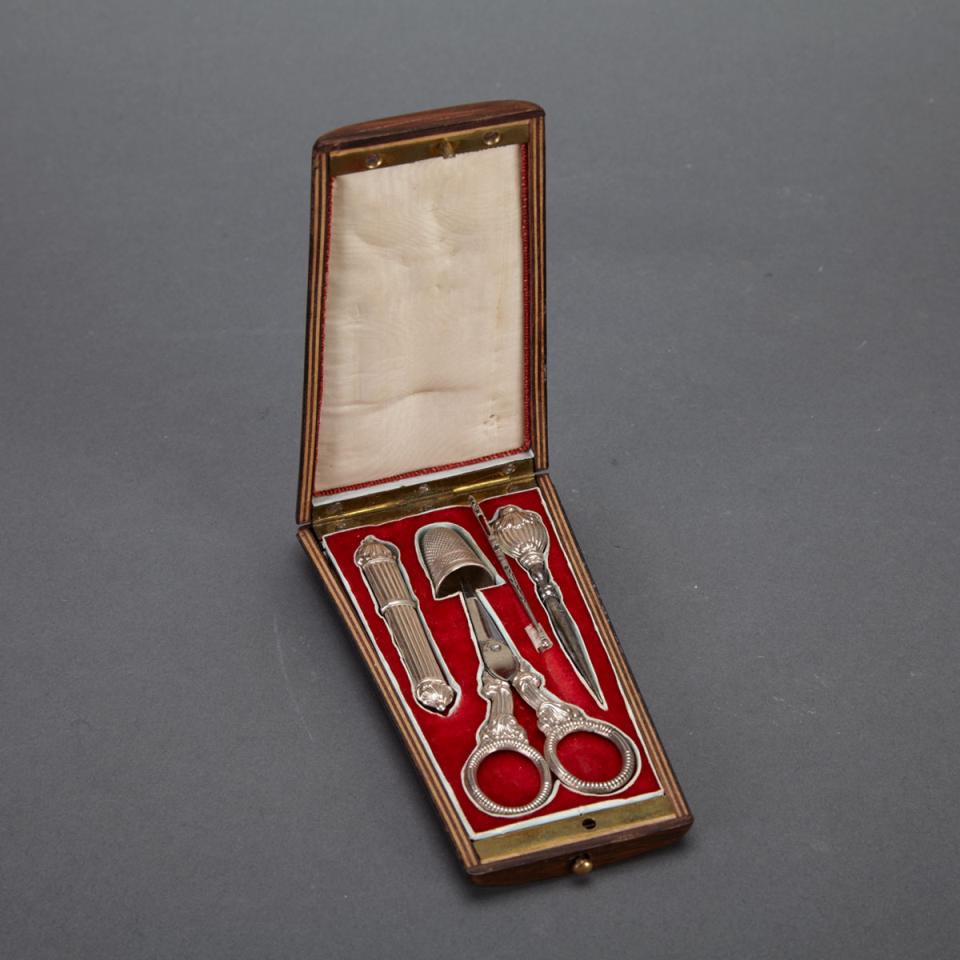 French Rosewood Cased Silver Sewing Kit, 19th century