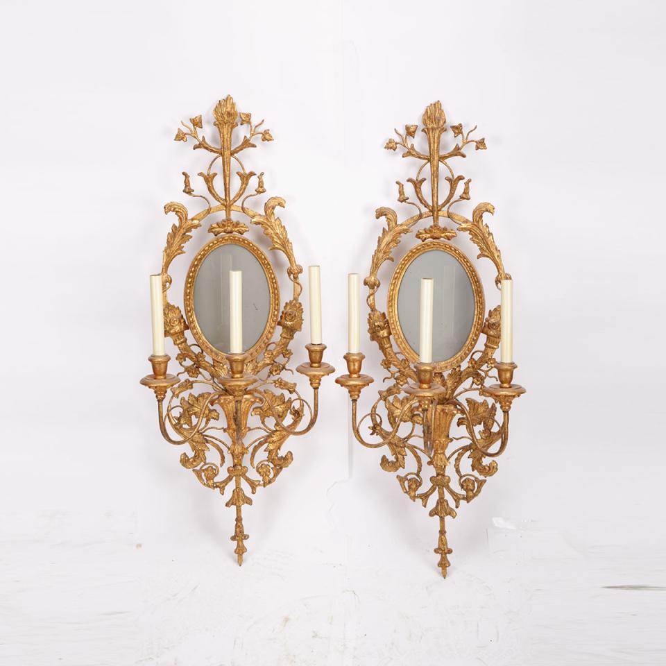 Pair of Florentine Neoclassical Style Giltwood Two Light Mirrored Wall Sconces, 20th century