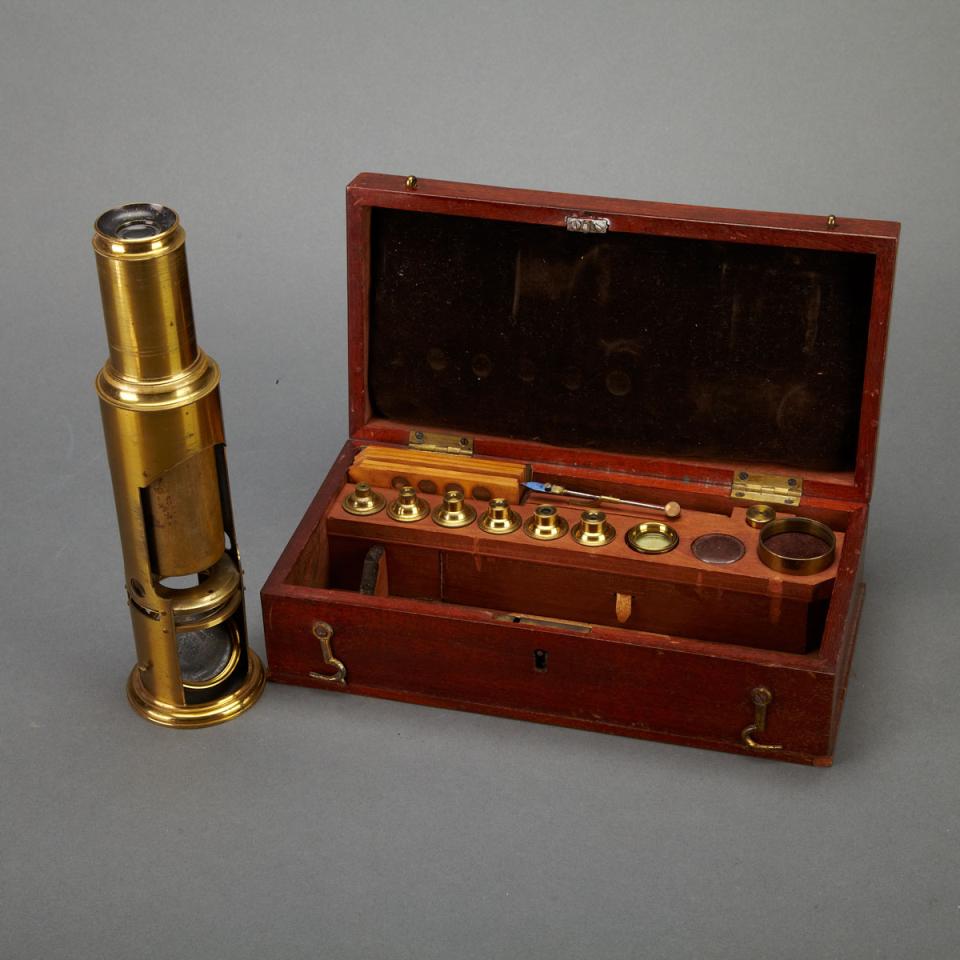 English Lacquered Brass Drum Microscope, J. Crichton, London,early 19th century