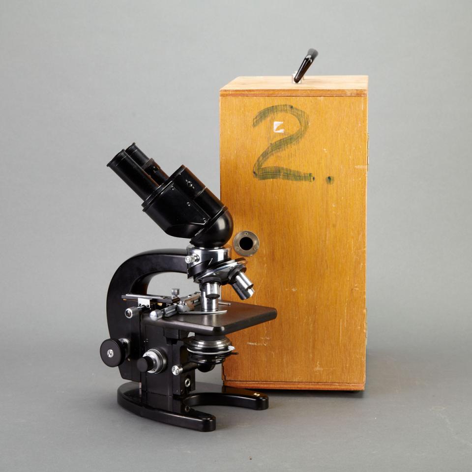 German Black Enamelled Binocular Compound Microscope, Cark Zeiss, Jena, mid 20th century