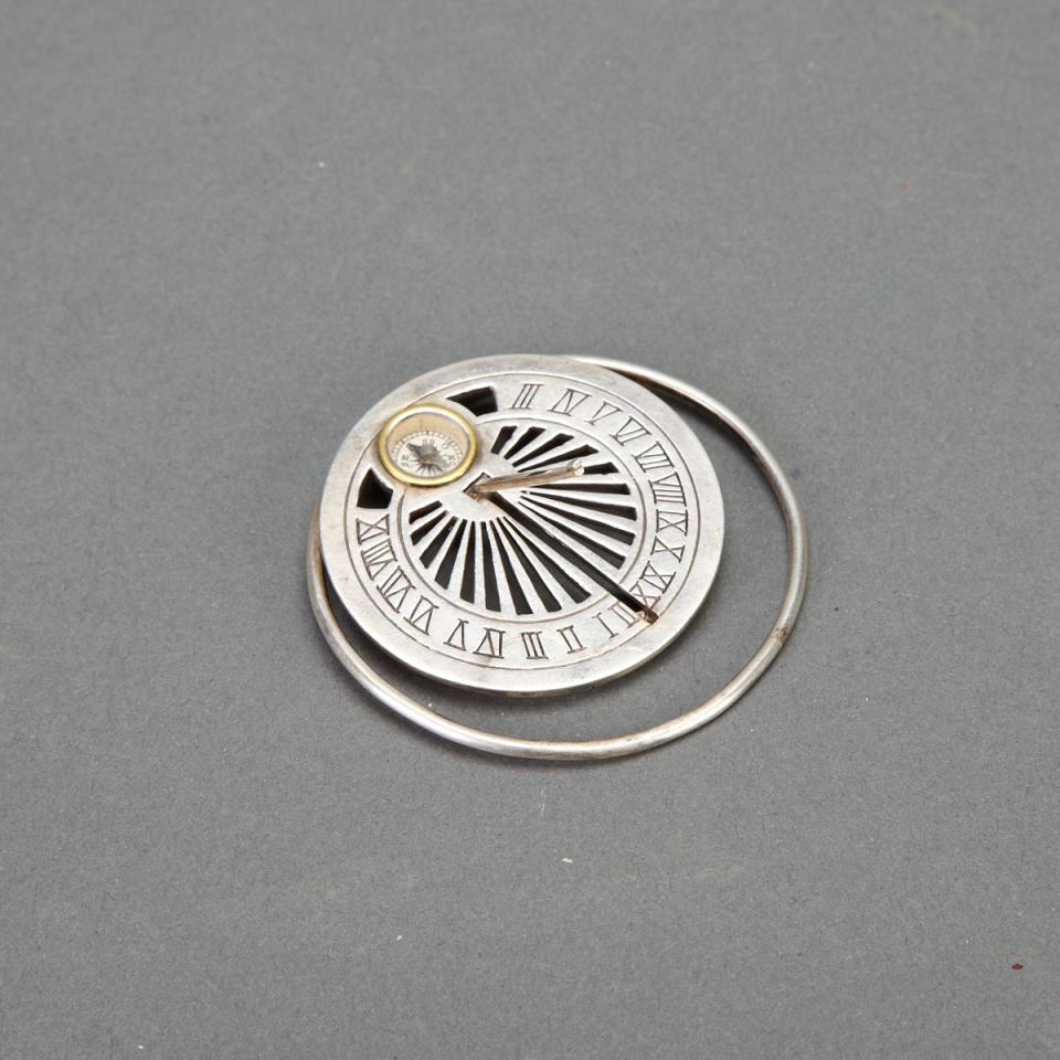 French Silver Pocket Sundial Clip with Compass, c.1910
