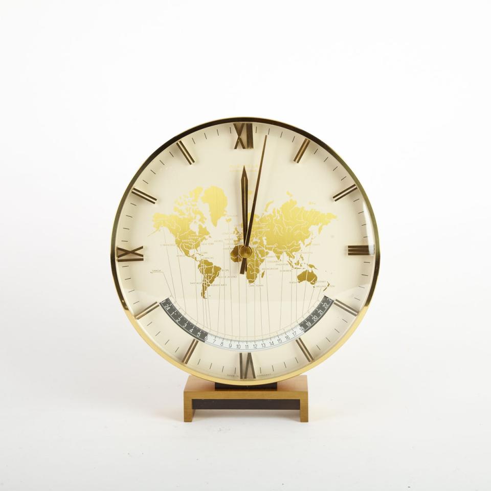 German GIlt Metal World Time Clock, Kienzle International, c.1980