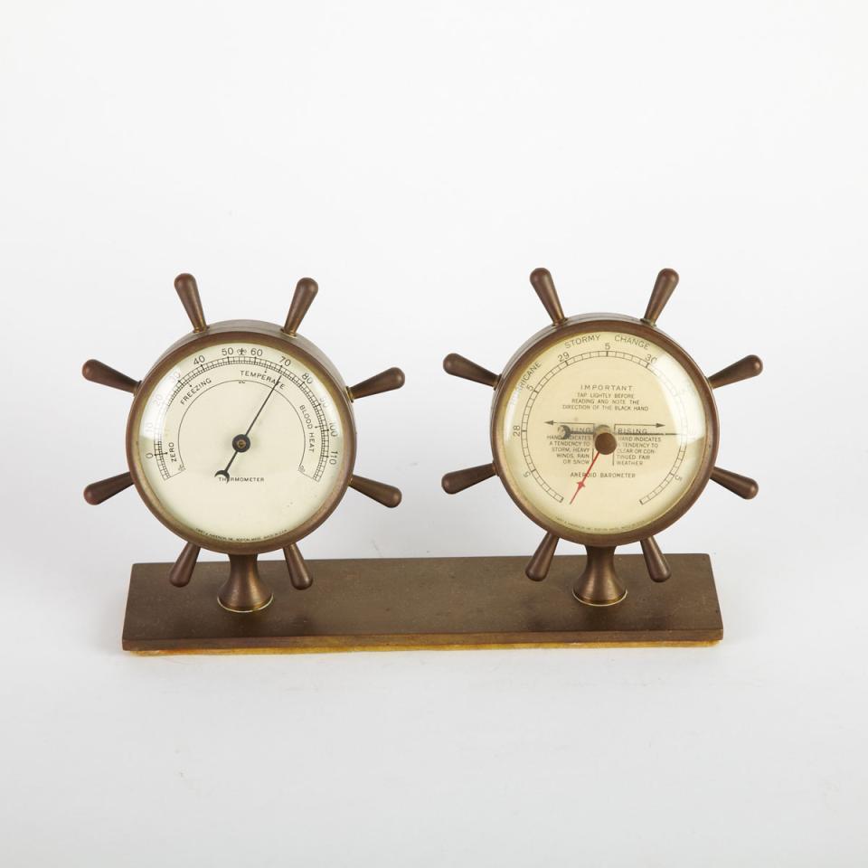American Brass Barometer-Thermometer Desk Set, Swift and Anderson, Boston, mid 20th century