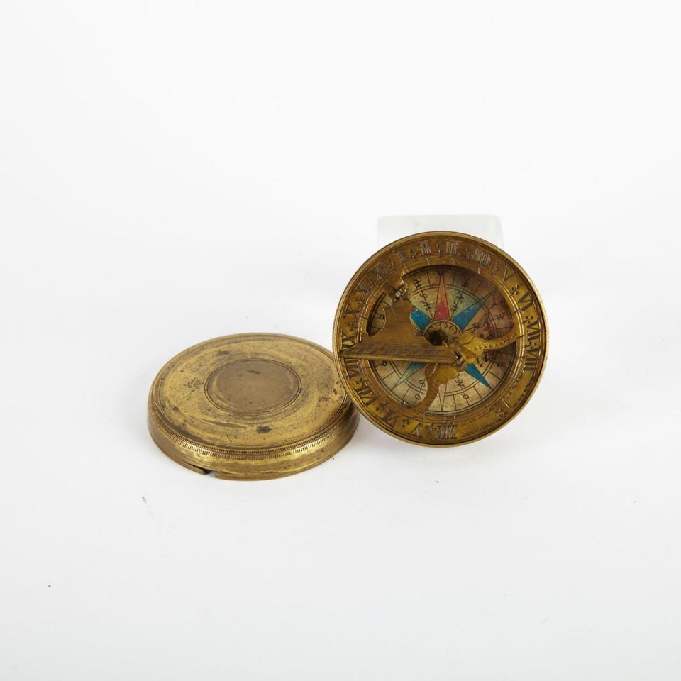 German Gilt Brass Pocket Sundial Compass, 18th century