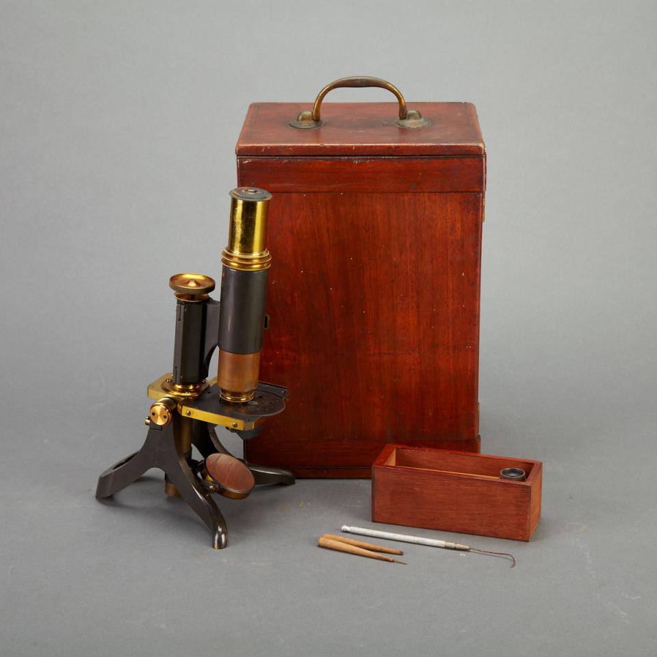 English Lacquered and Enamelled Brass Monocular Compound Microscope, Swift & Son, London, early 20th century