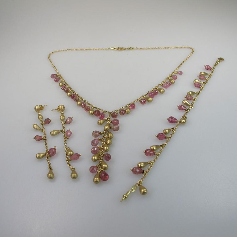 18k Yellow Gold Necklace, Bracelet And Drop Earrings