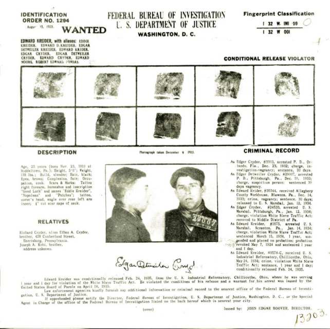 Group of Seven Federal Bureau of Investigation, U.S. Department of Justice Wanted Posters, 1935