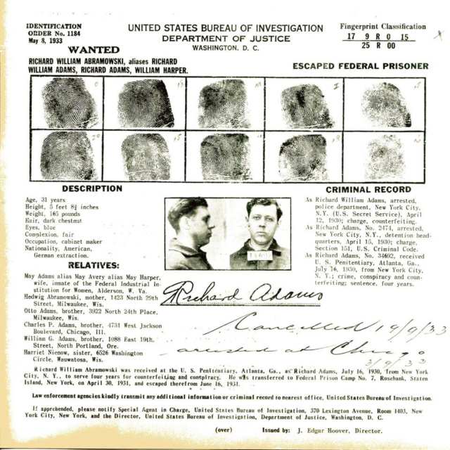 Group of Seven United States Bureau of Investigation, Department of Justice Wanted Posters, 1933