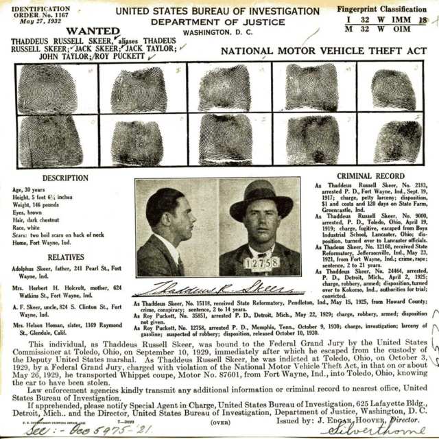 Group of Seven United States Bureau  of Investigation, Department of Justice Wanted Posters, 1932