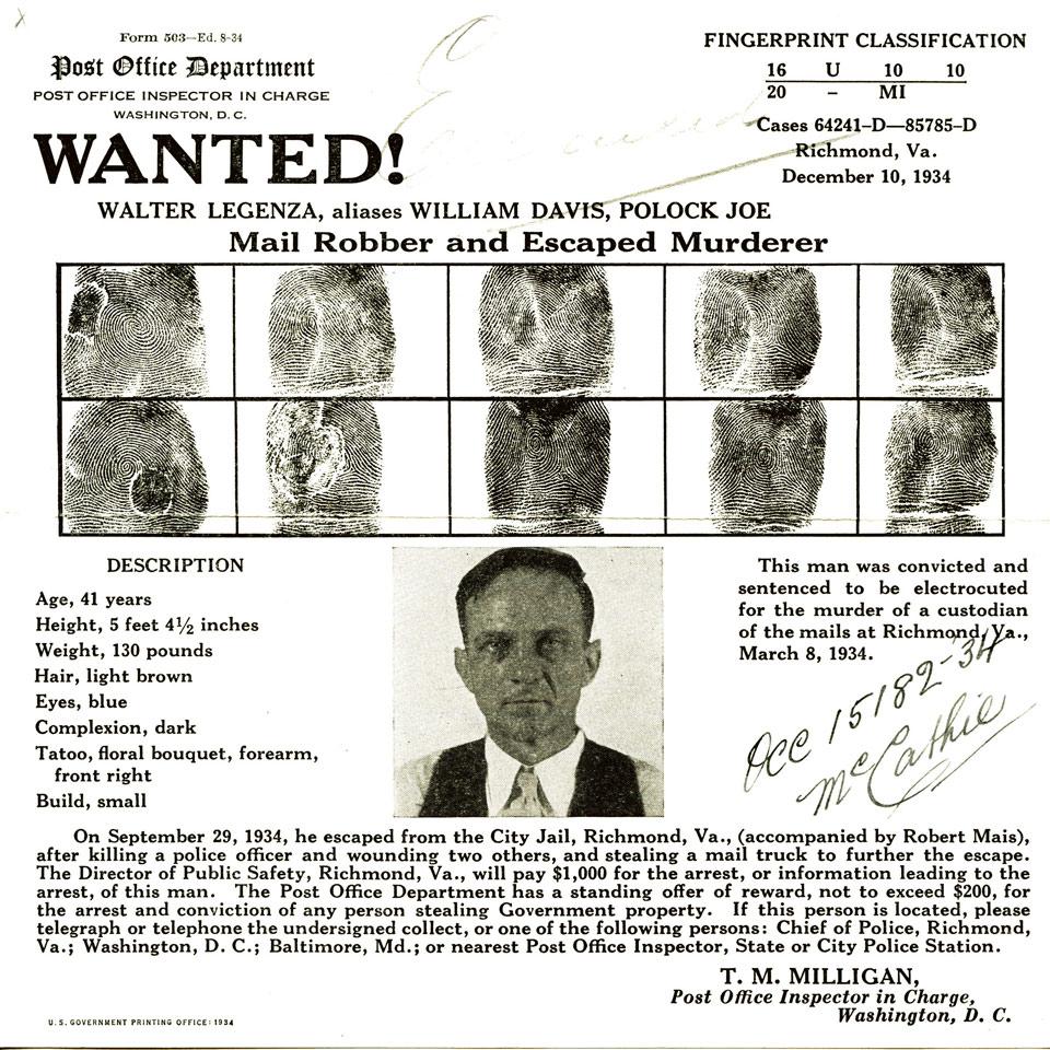 Walter Legenza, Post Office Department Wanted Poster, Washington, D. C., 1934