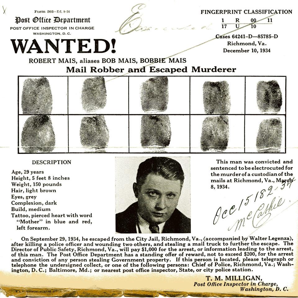 Robert Mais, Post Office Department Wanted Poster, Washington, D. C.,  1934