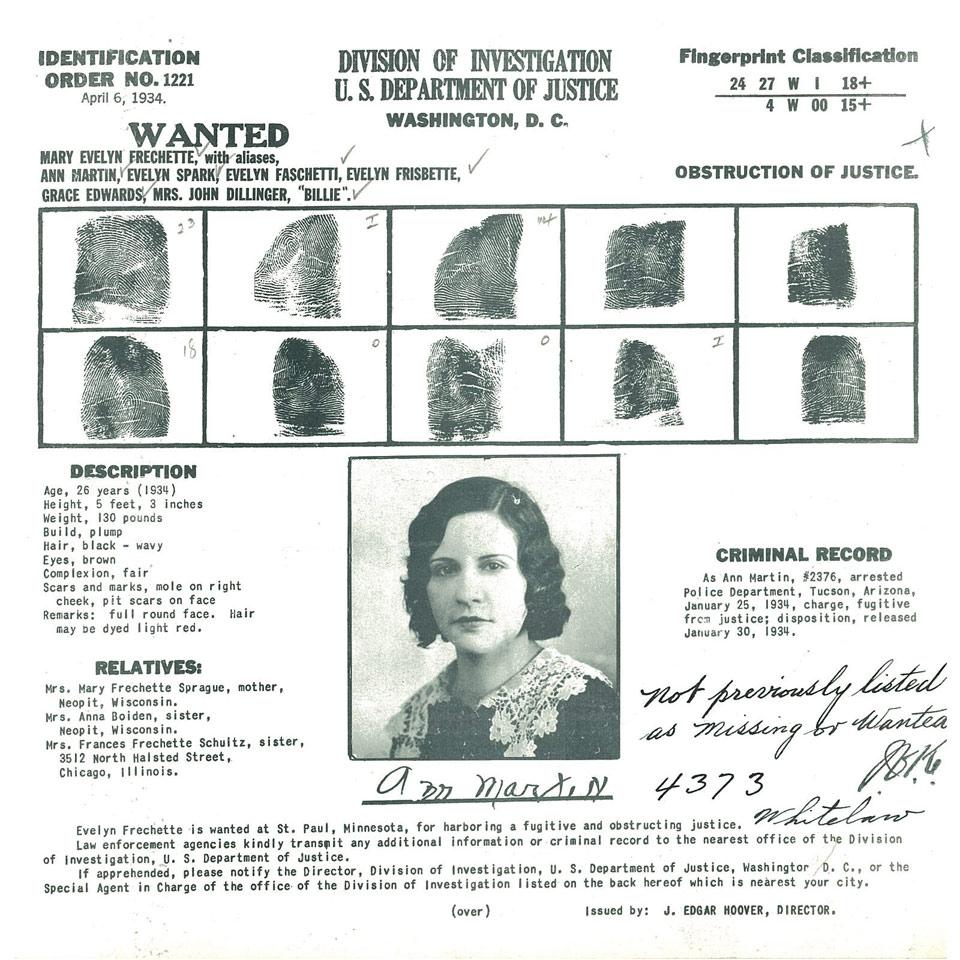 Mary Evelyn Frechette, Division of Investigation, U. S. Department of Justice Wanted Poster, April 6, 1934