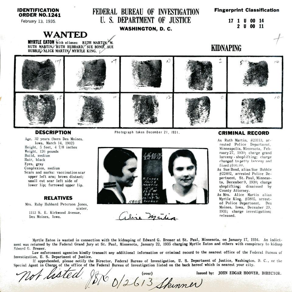 Myrtle Eaton, Federal Bureau of Investigation, U. S. Department of Justice Wanted Poster, 1935