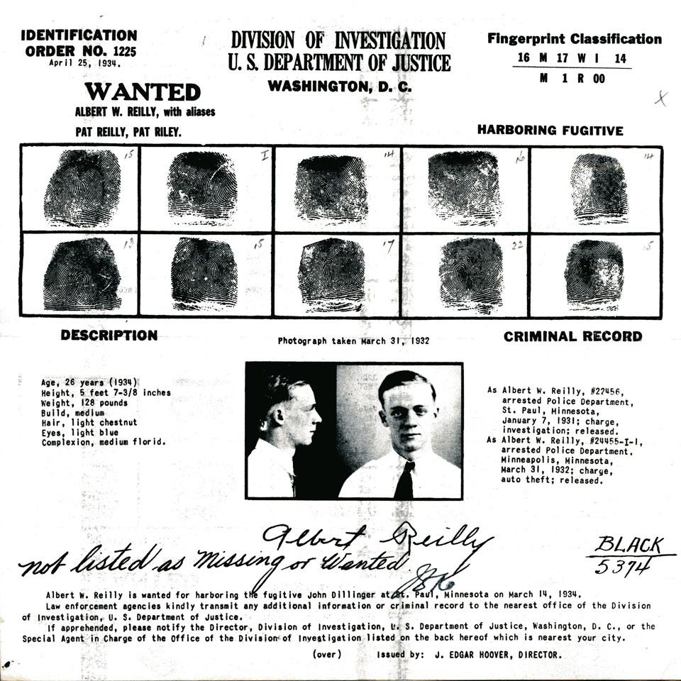 Albert W Reilly, Division of investigation, U. S. Department of Justice Wanted Poster, 1934
