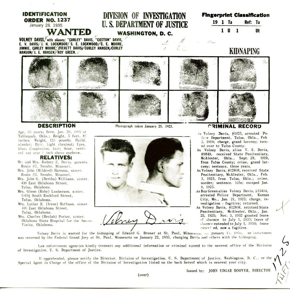 Volney Davis, Division of Investigation, U. S. Department of Justice Wanted Poster, 1935