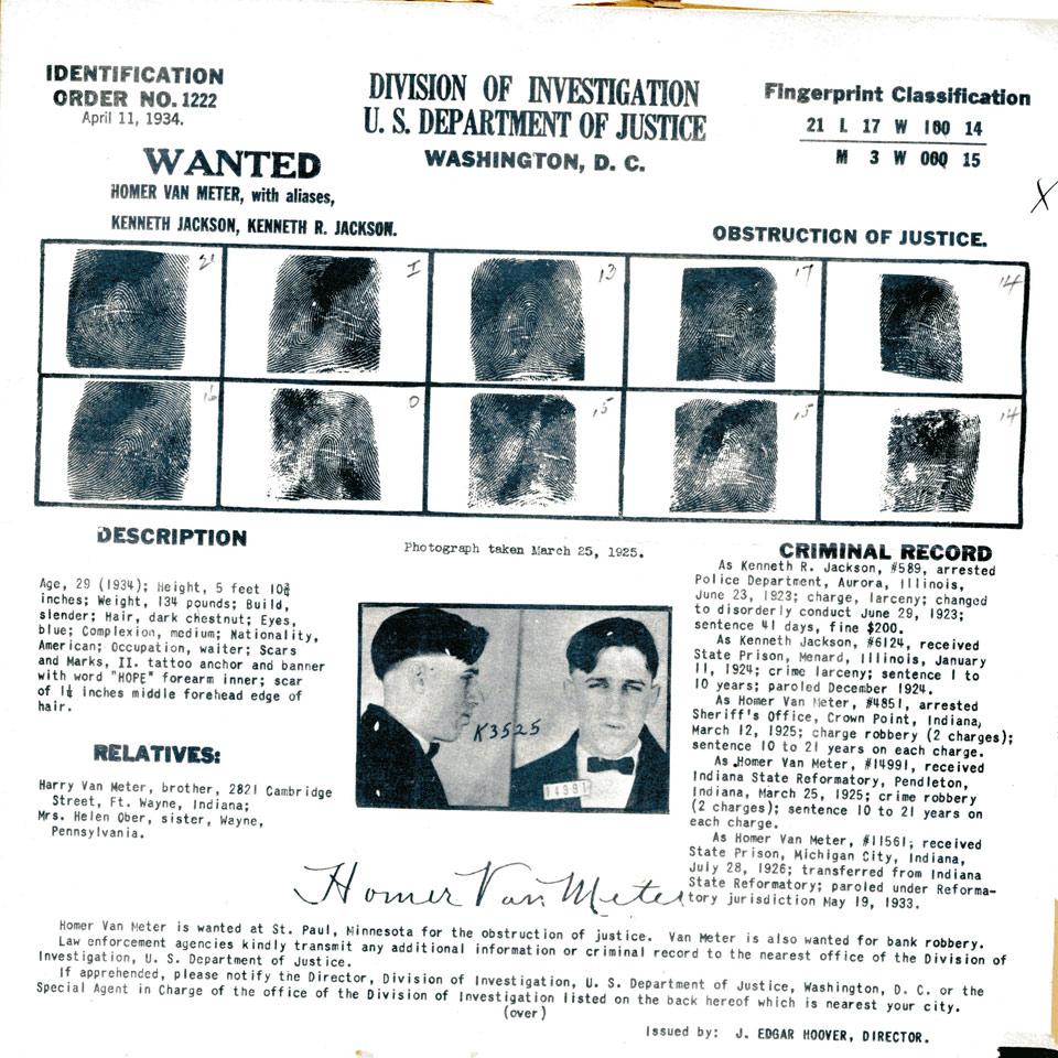 Homer ‘Wayne’ Van Meter, Division of Investigation, U. S. Department of Justice Wanted Poster, 1934