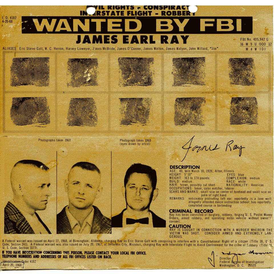 James Earl Ray FBI Wanted Poster and Related Ephemera
