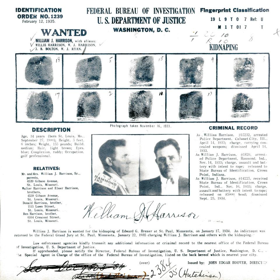 William J. Harrison, Federal Bureau of Investigation, U. S. Department of Justice Wanted Poster, 1935