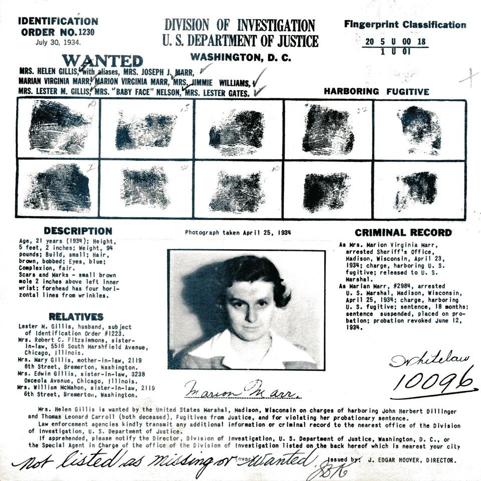 Mrs. Helen Gillis, Division of investigation, U.S. Department of Justice Wanted Poster, 1934