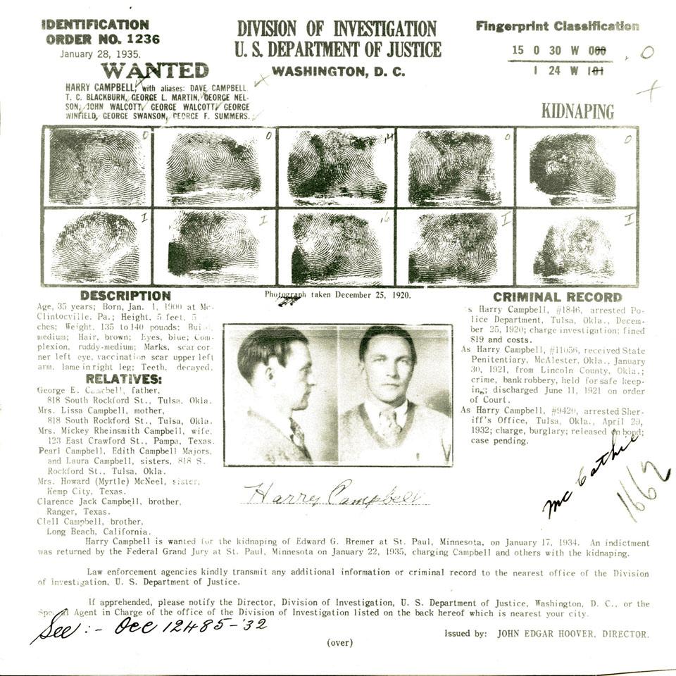 Harry Campbell, Division of Investigation, U. S. Department of Justice Wanted Poster, 1935