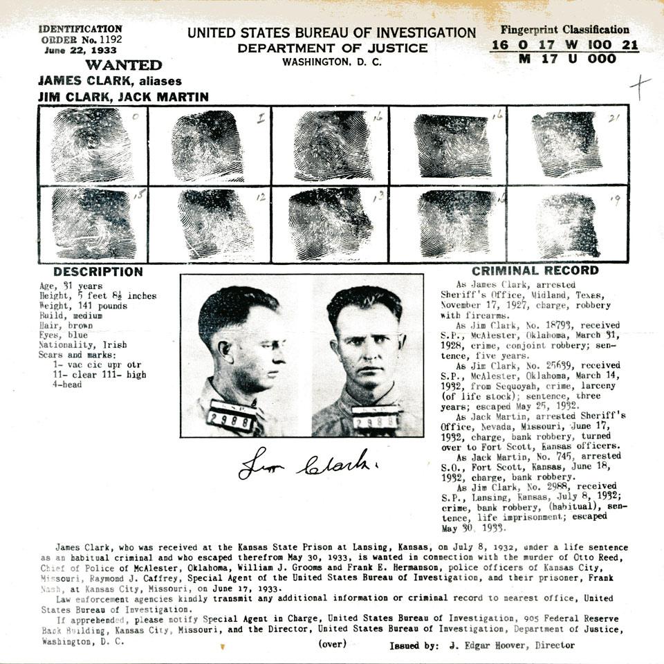 James ‘Oklahoma Jack’ Clark, United States Bureau of Investigation, Department of Justice Wanted Poster, 1933