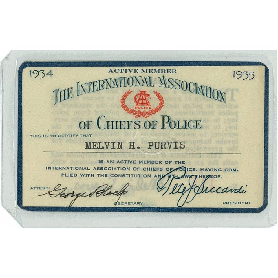 Melvin H. Purvis, The International Association of Chiefs of Police (IACP) Membeship Card, 1934-35