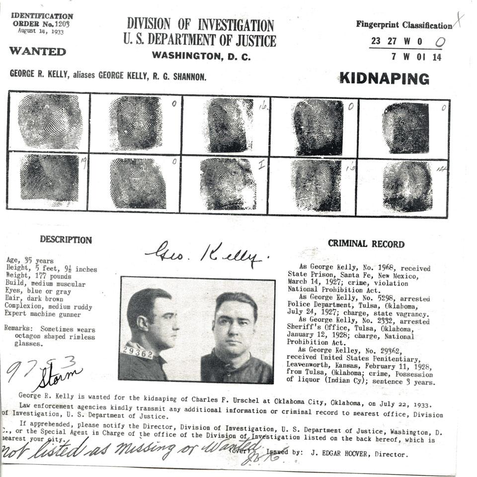 George “Machine Gun” Kelly, Division of Investigation, U. S. Department of Justice Wanted Poster and Associated Press Photo, 1933