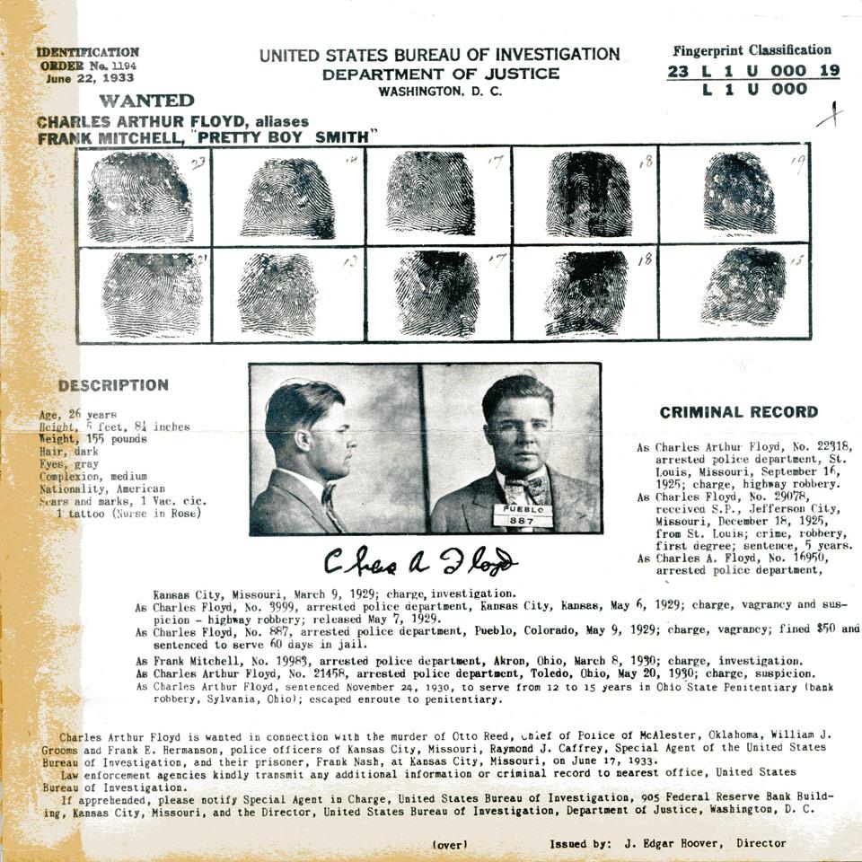 Charles “Pretty Boy” Floyd, United States Bureau of Investigation Department of Justice Wanted Poster. 1933