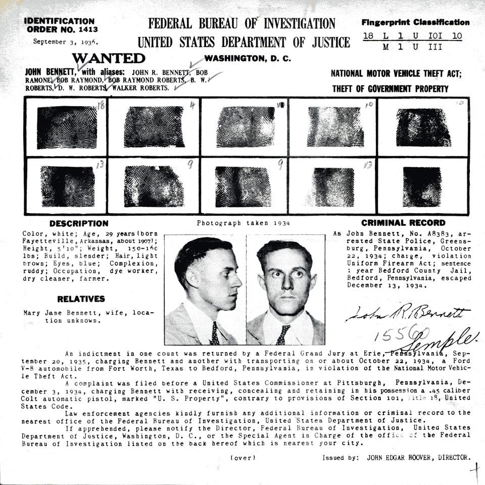 Group of Seven Federal Bureau of Investigation, United States Department of Justice Wanted Posters, 1936