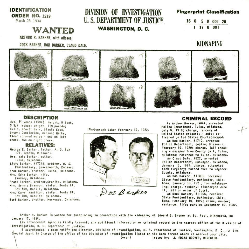 Arthur R. ‘Doc’ Barker, Division of Investigation, U. S. Department of Justice Wanted Poster, 1934