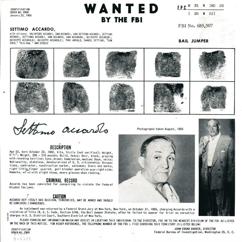 Settimo ‘Big Sam’ Accardo, Federal Bureau of Investigation Wanted Poster, 1956