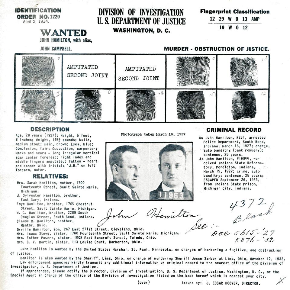 John Hamilton, Division of Investigation, U. S. Department of Justice Wanted Poster, 1934