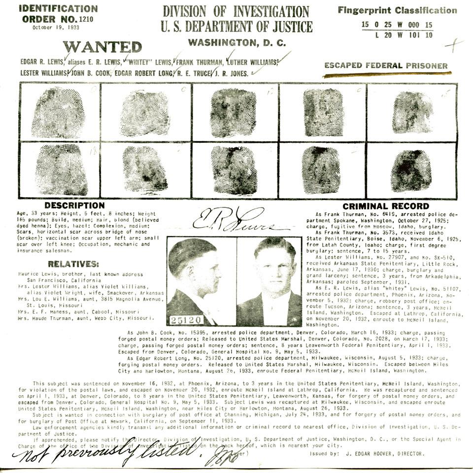 Edgar R. Lewis, Division of investigation, U.S. Department of Justice Wanted Poster, 1933