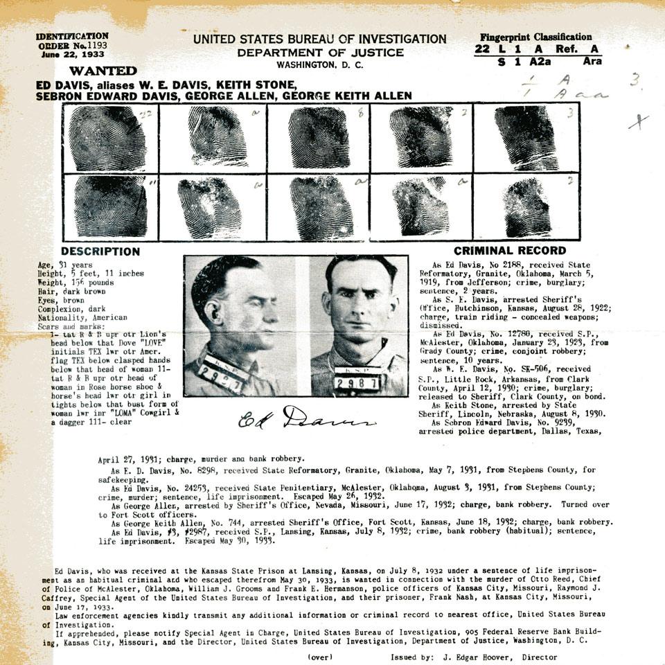 Ed Davis, United States Bureau of Investigation, Department of Justice Wanted Poster, 1933