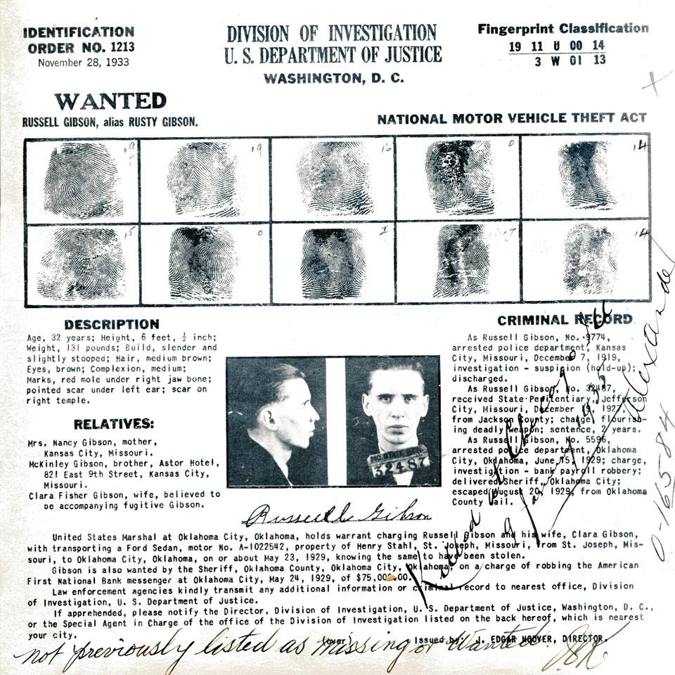 Russell Gibson, ‘Sim Gray’, Division of Investigation, U. S. Department of Justice Wanted Poster, 1933