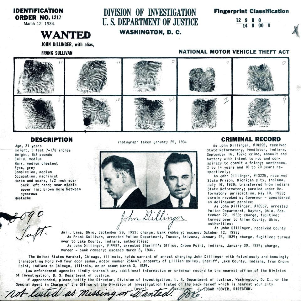 John Dillinger, Division of Investigation, U.S. Department of Justice Wanted Poster, 1934