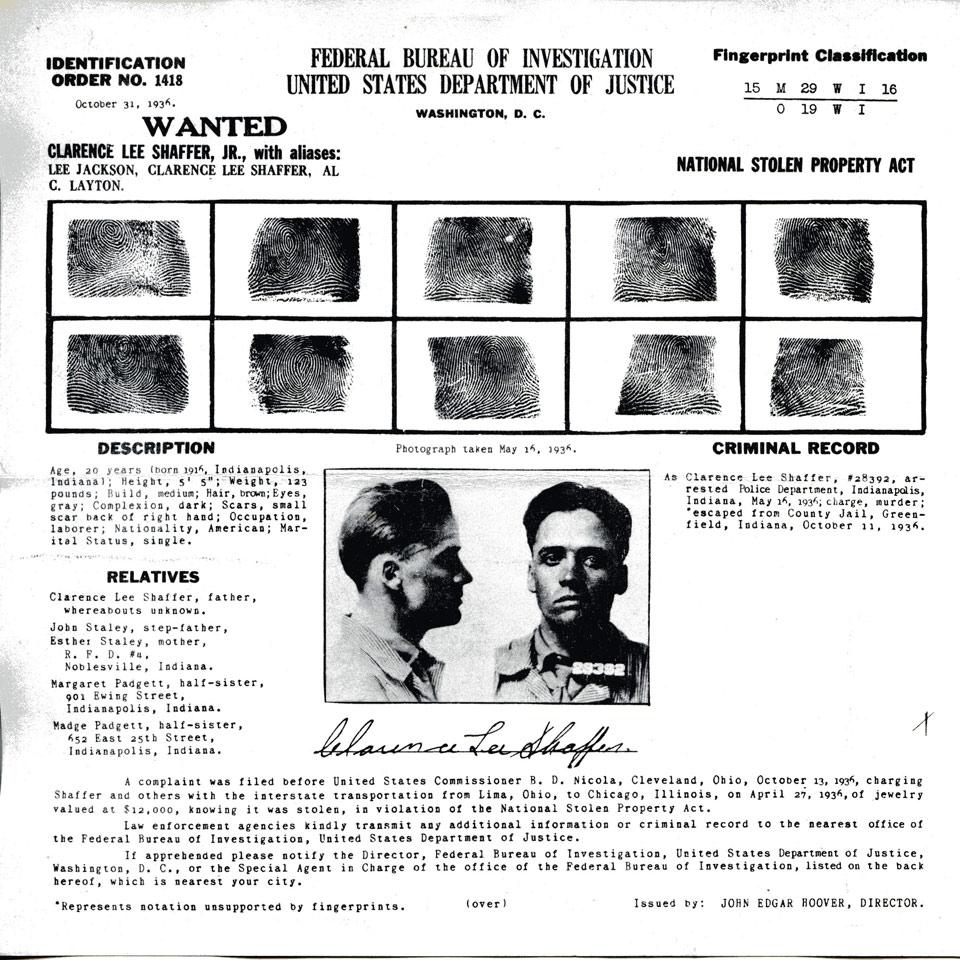 Clarence Lee Shaffer, Jr., Federal Bureau of Investigation, United States Department of Justice Wanted Poster, 1936