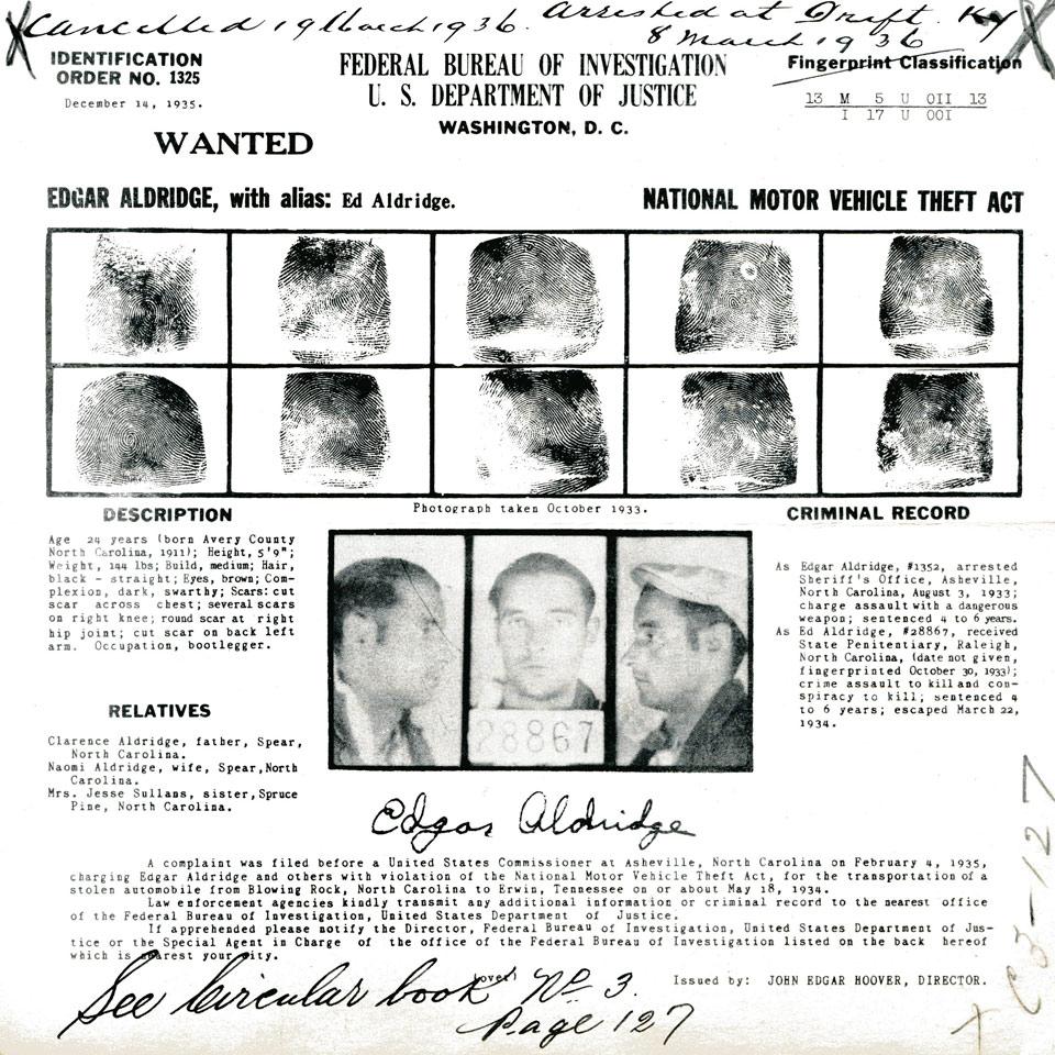 Edgar Aldridge, Federal Bureau of Investigation, U. S. Department of Justice Wanted Poster, 1935