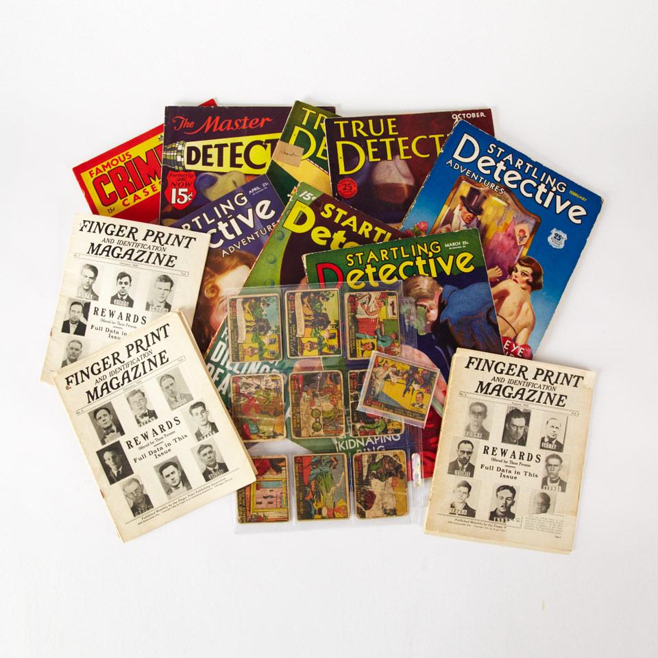 Group of Seven Detective Magazines, Five Fingerprint Magazines and 10 G-Men, Heroes of the Law Trading Cards, early 1930’s