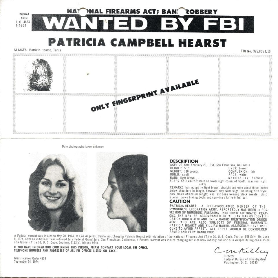 Patricia ‘Patty’ Campbell Hearst, and Symbionese  Liberation Army, Two Federal Bureau of Investigation Wanted Posters, 1974-1975