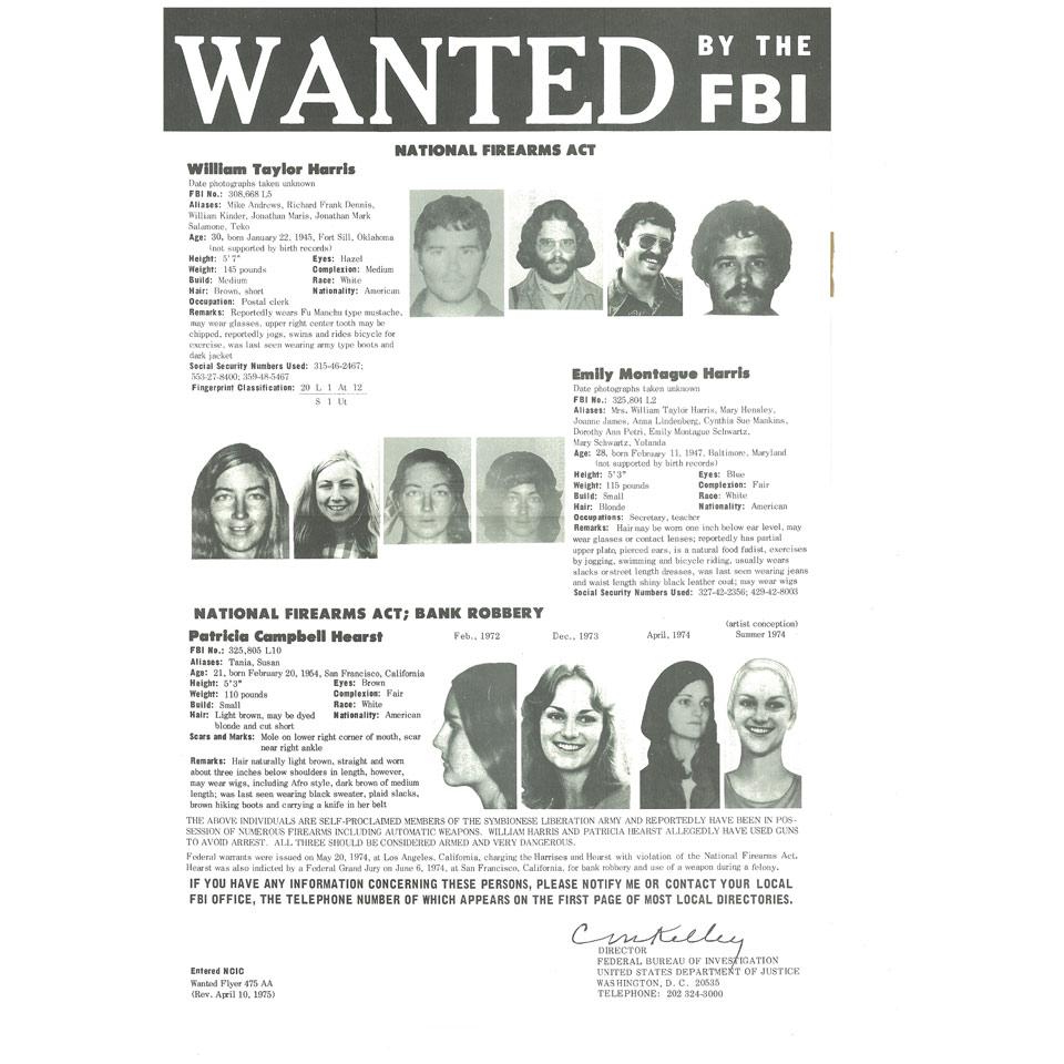 Patricia ‘Patty’ Campbell Hearst, and Symbionese  Liberation Army, Two Federal Bureau of Investigation Wanted Posters, 1974-1975