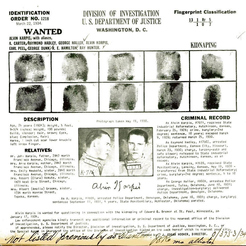 Alvin ‘Creepy’ Karpis, Division of Investigation, U. S. Department of Justice Wanted Poster, 1934