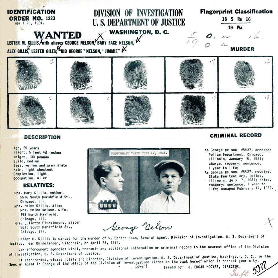 George ‘Baby Face’ Nelson, Division of investigation, U.S. Department of Justice Wanted Poster, 1934
